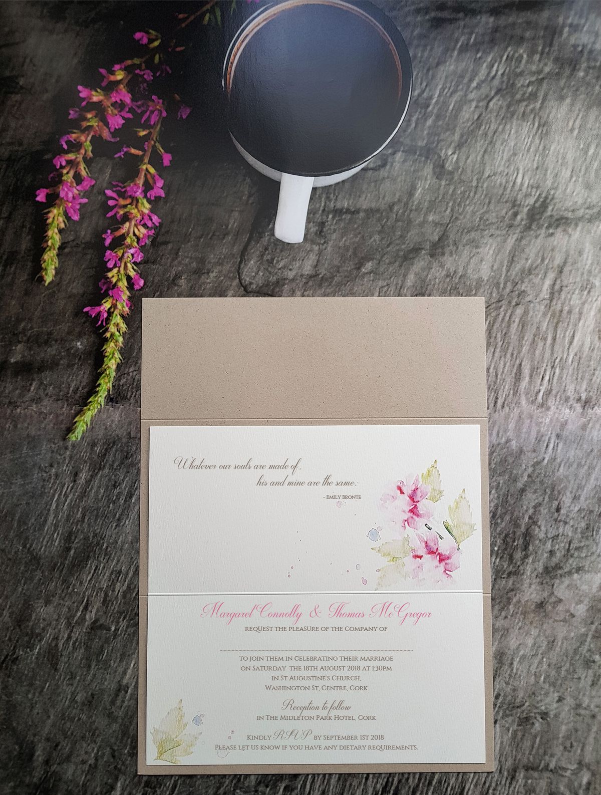 watercolour peonies wedding invitation