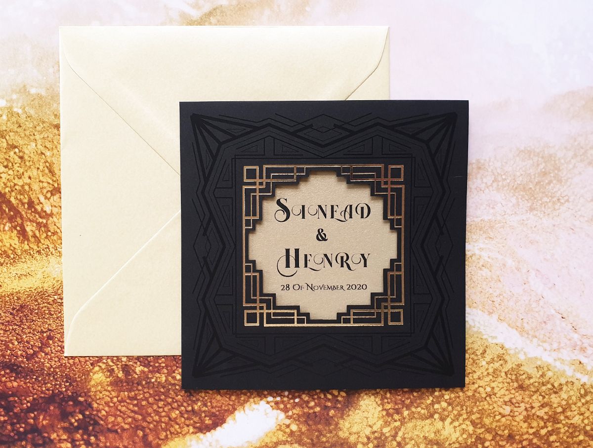 black art deco wedding invitation