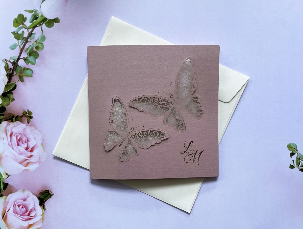 butterfly dusty pink wedding invitation