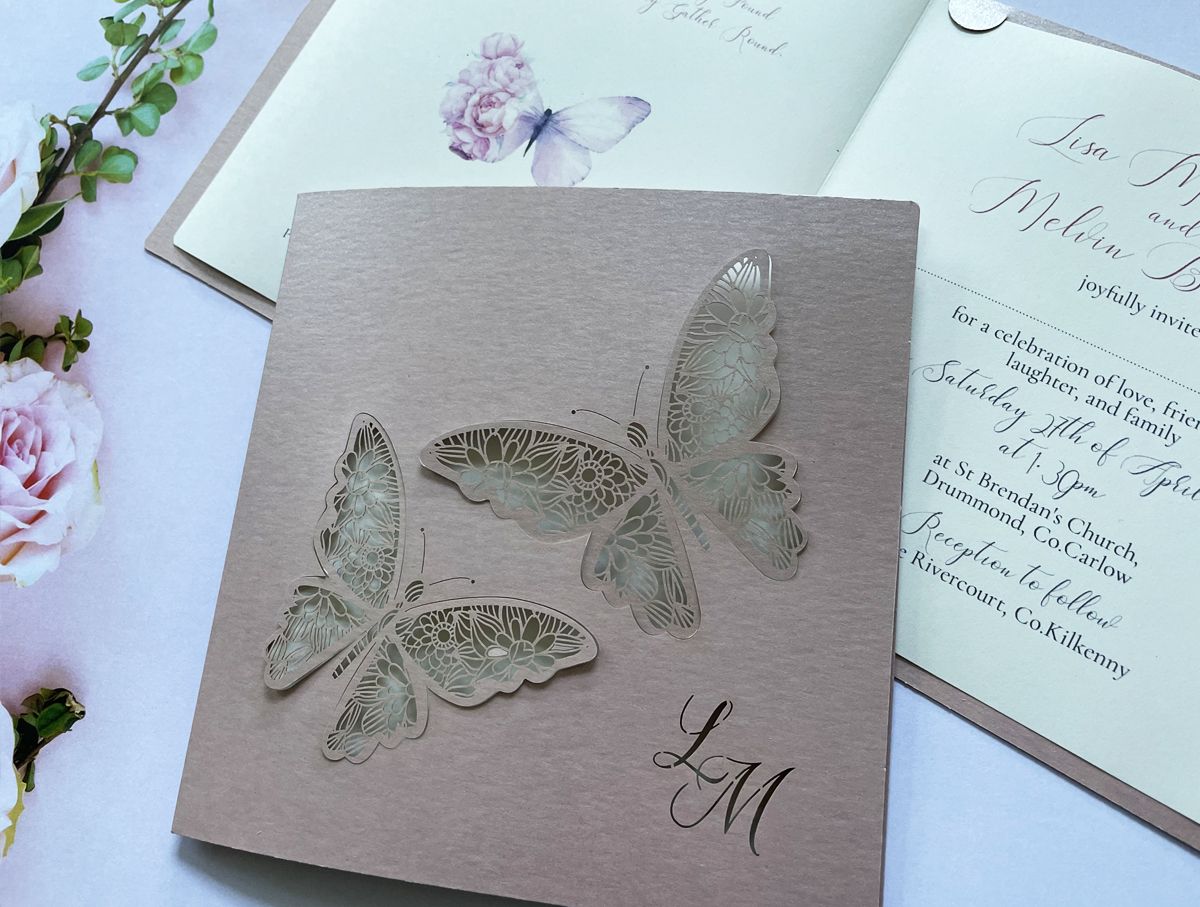 butterfly dusty pink wedding invitation