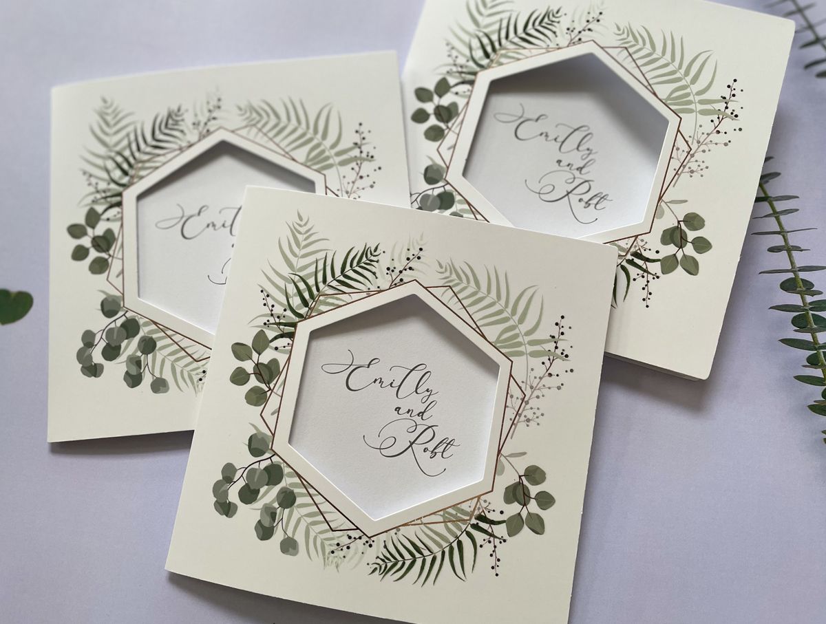 delicate green leaves wedding invitation