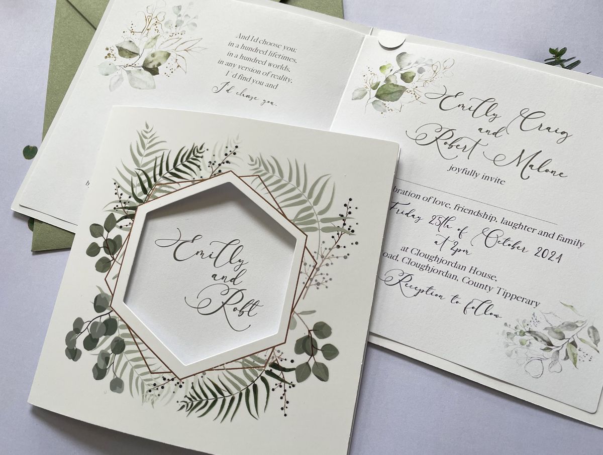 delicate green leaves wedding invitation