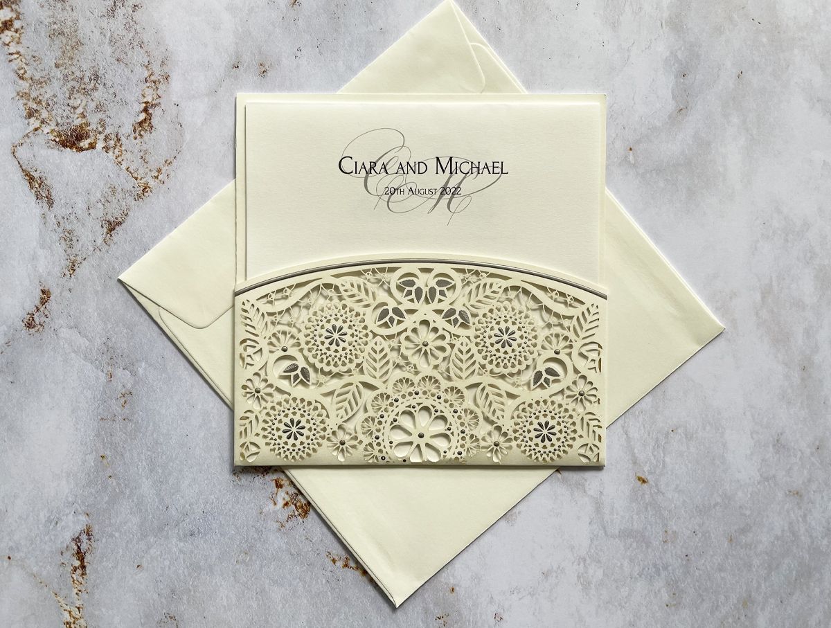 ivory shimmer floral wedding invitation