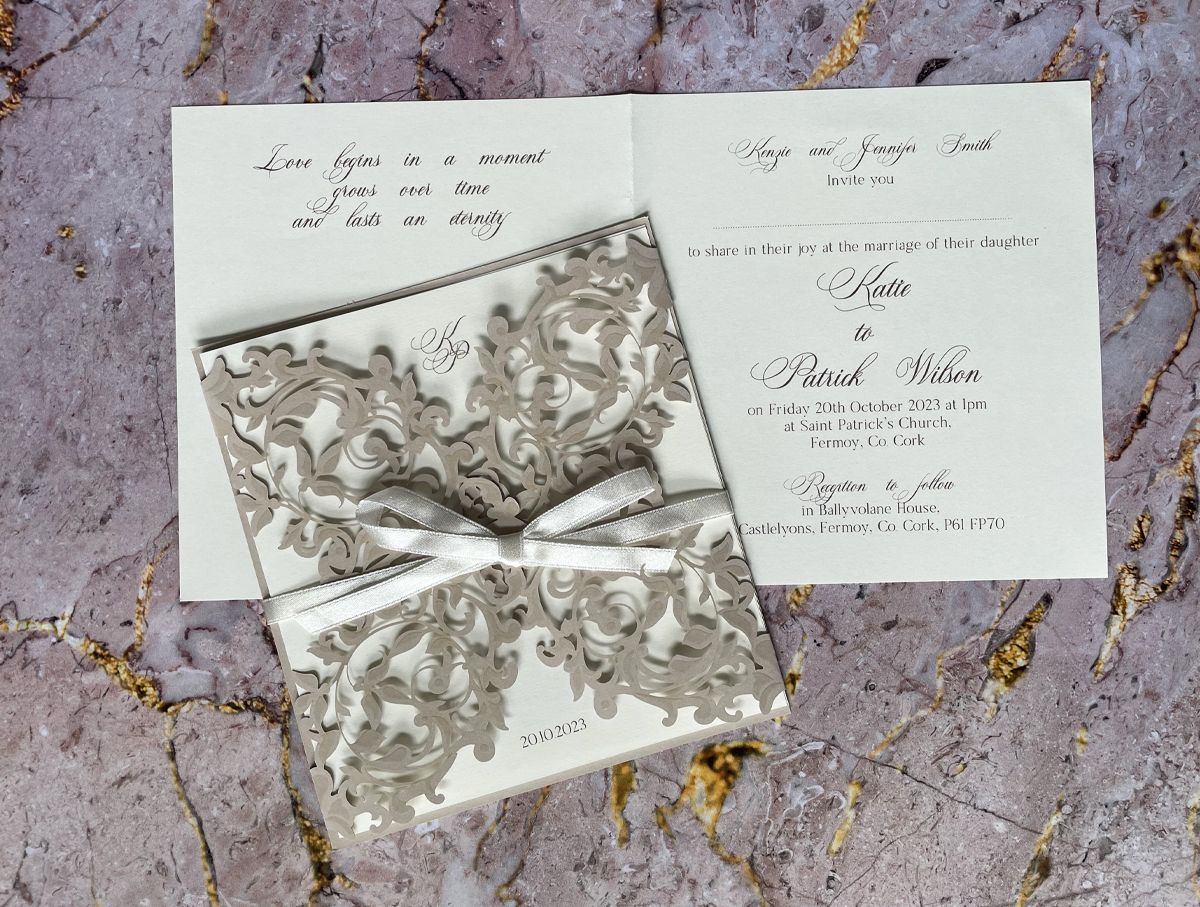 elegant taupe laser cut wedding invitations