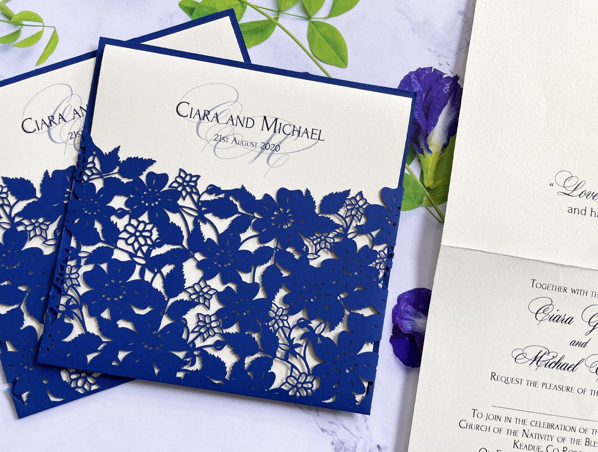 floral navy wedding invitation