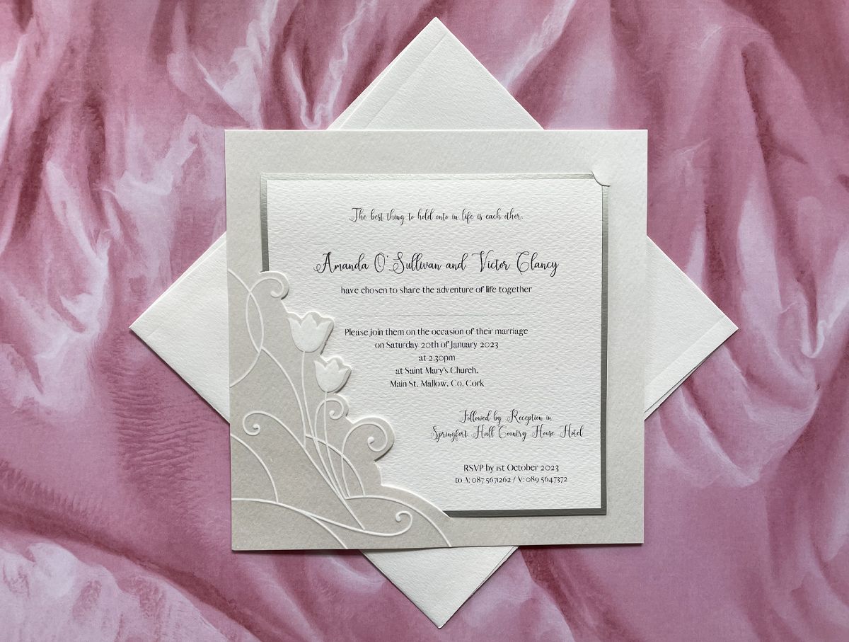 floral silver foil frame wedding invitation