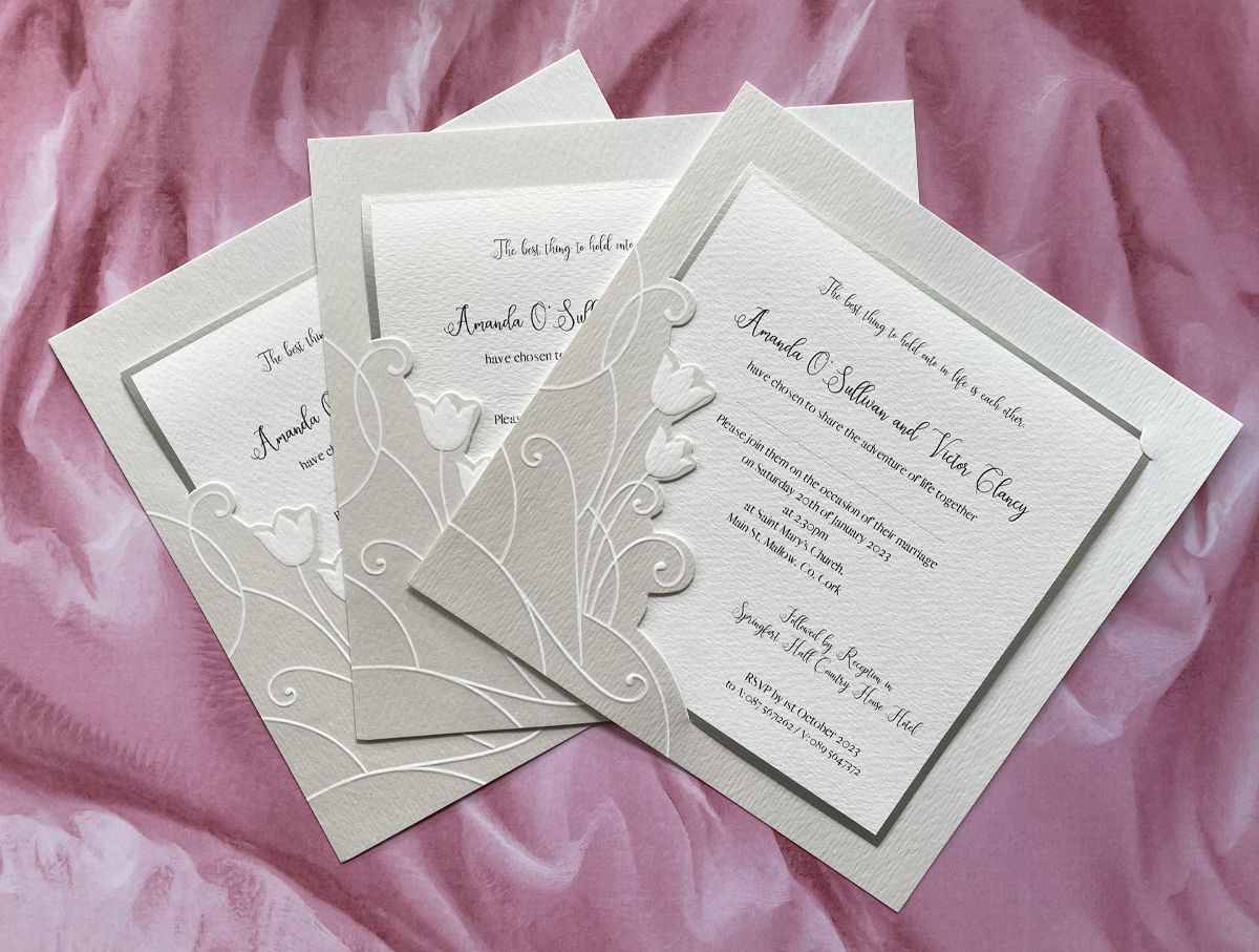 floral silver foil frame wedding invitation