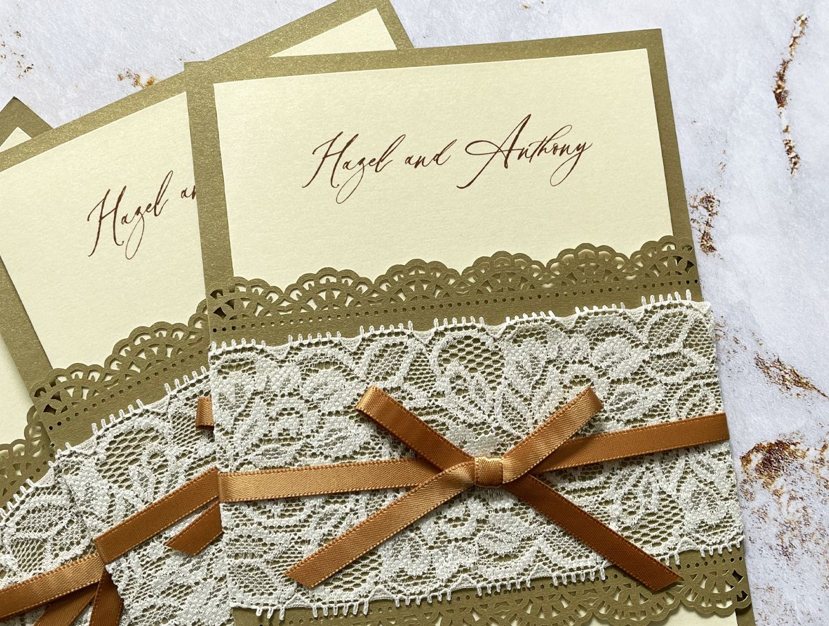 gorgeous gold satin ribbon wedding invitation