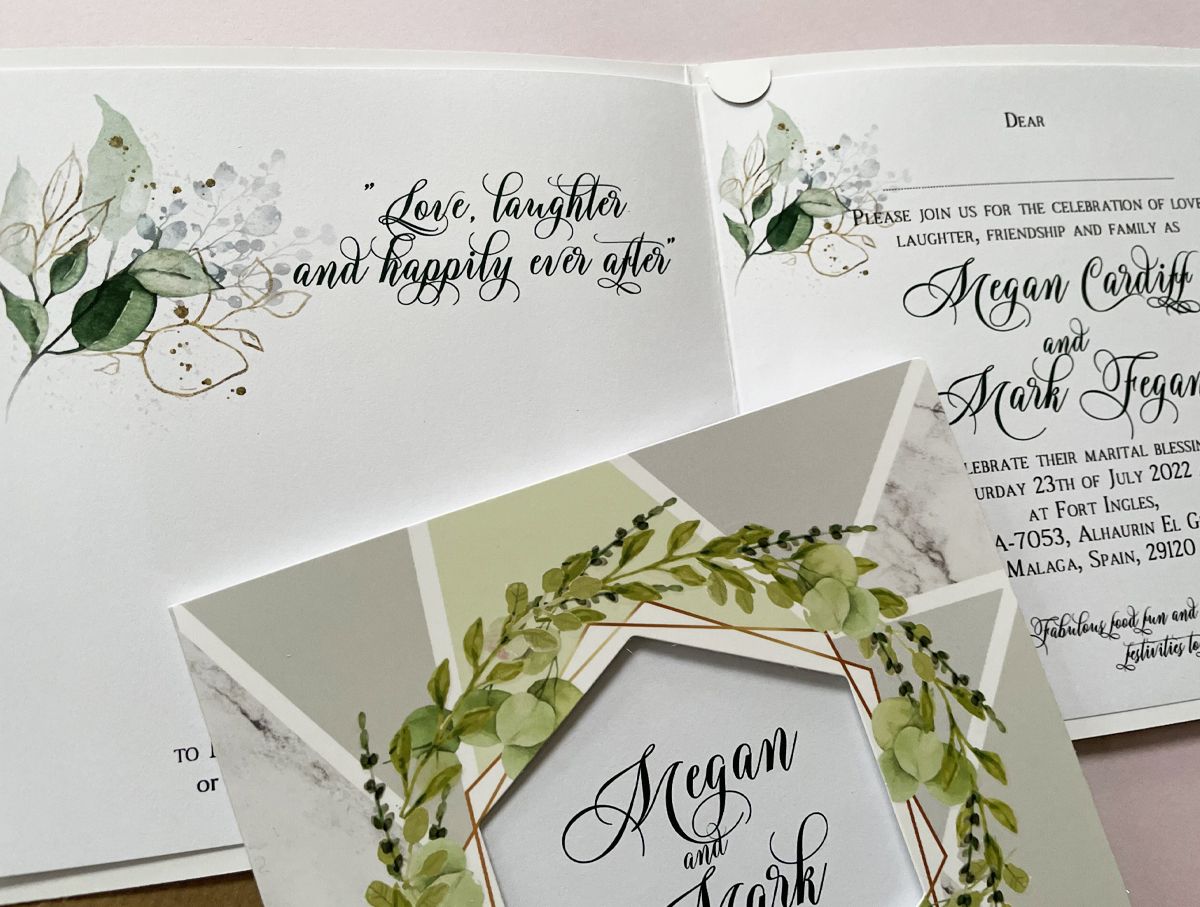 green botanical leave wedding invitation
