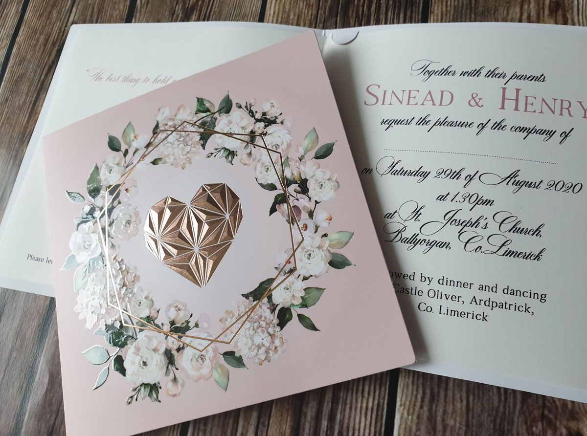 heart rose gold wedding invitation