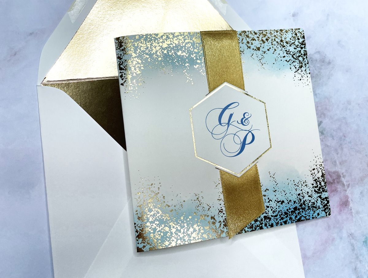 modern turquoise gold wedding invitation