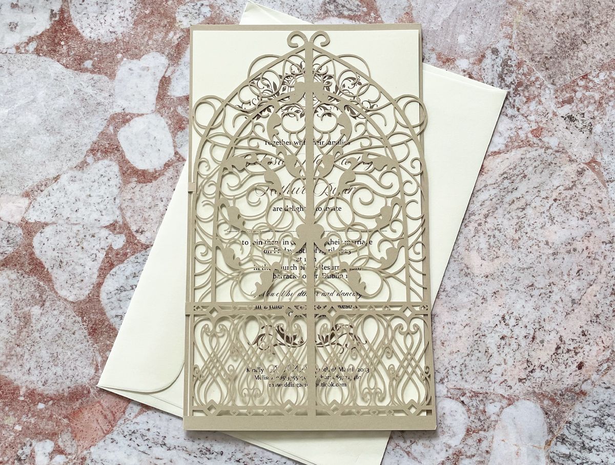 ornate gate fold wedding invitation
