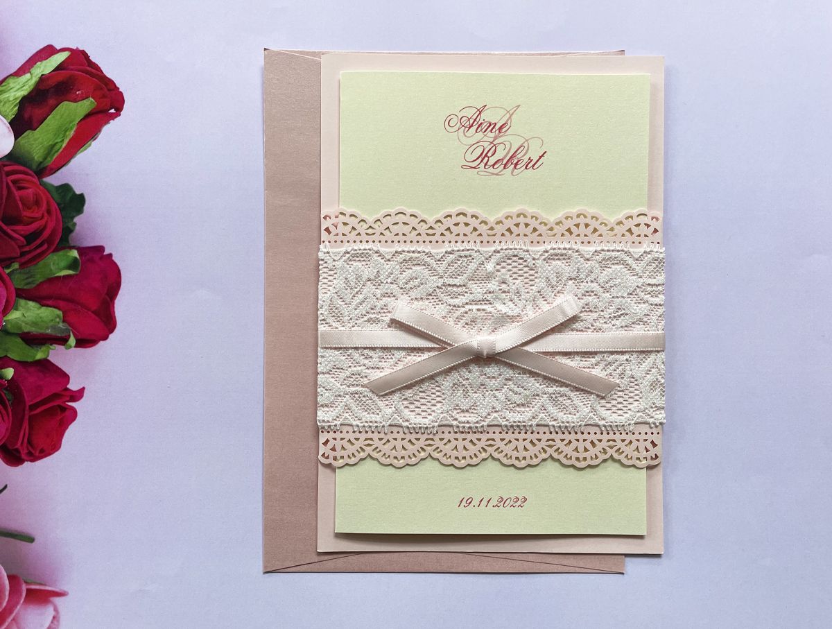 pink satin ribbon wedding invitation