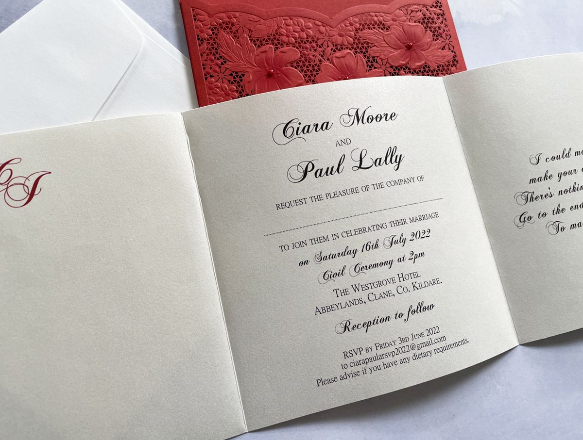 laser cut red wedding invitation