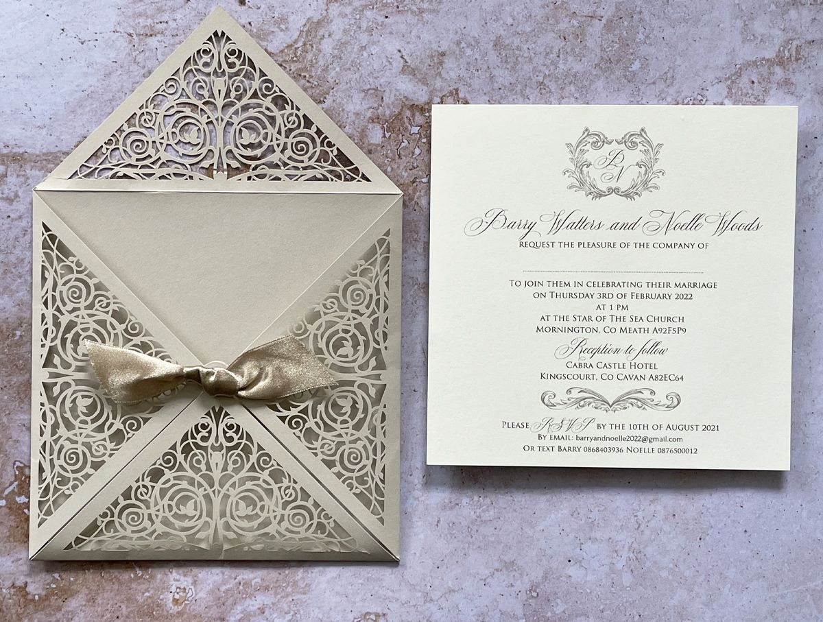 satin taupe bow wedding invitation