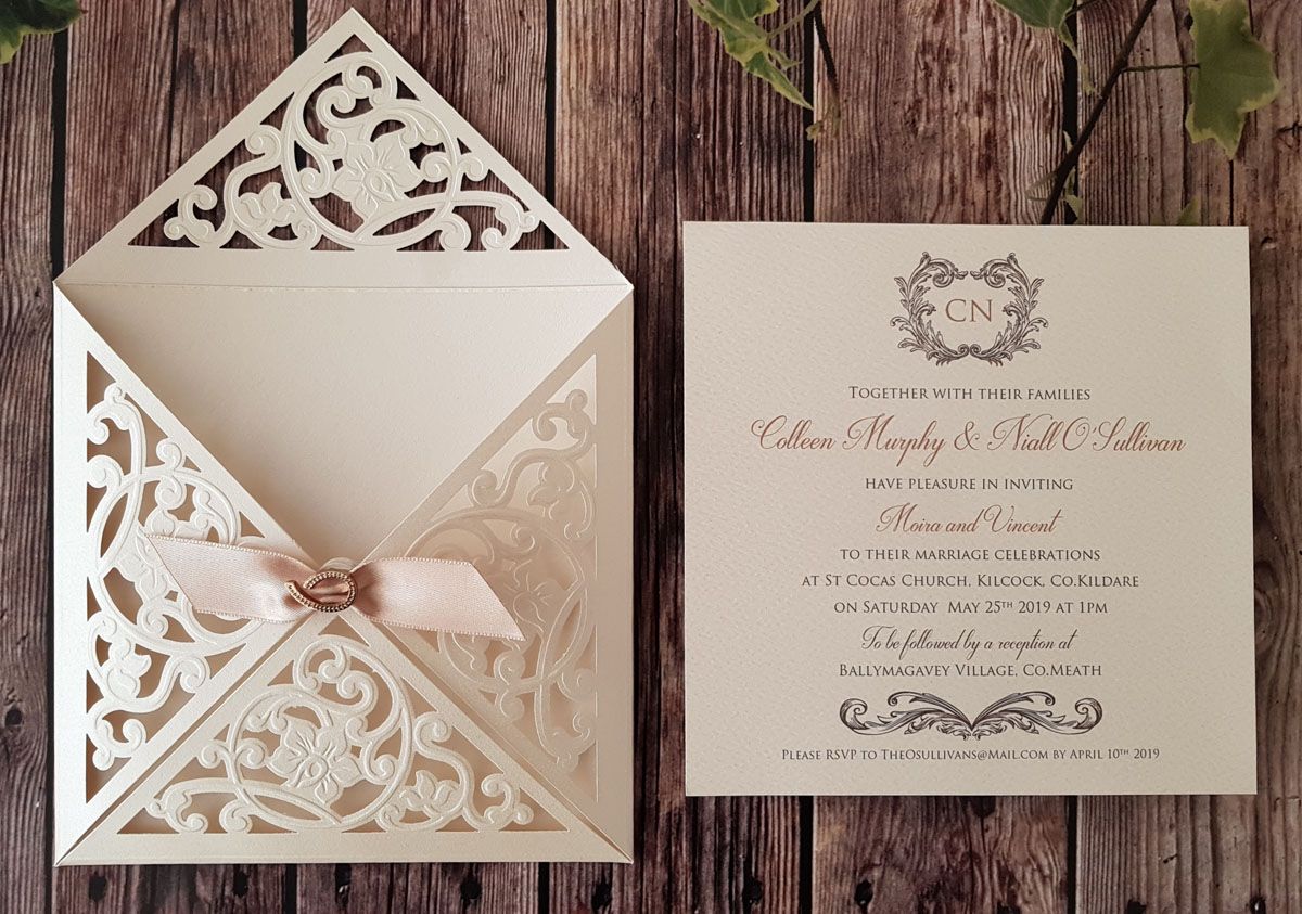 shimmer ecru petal style wedding invitation