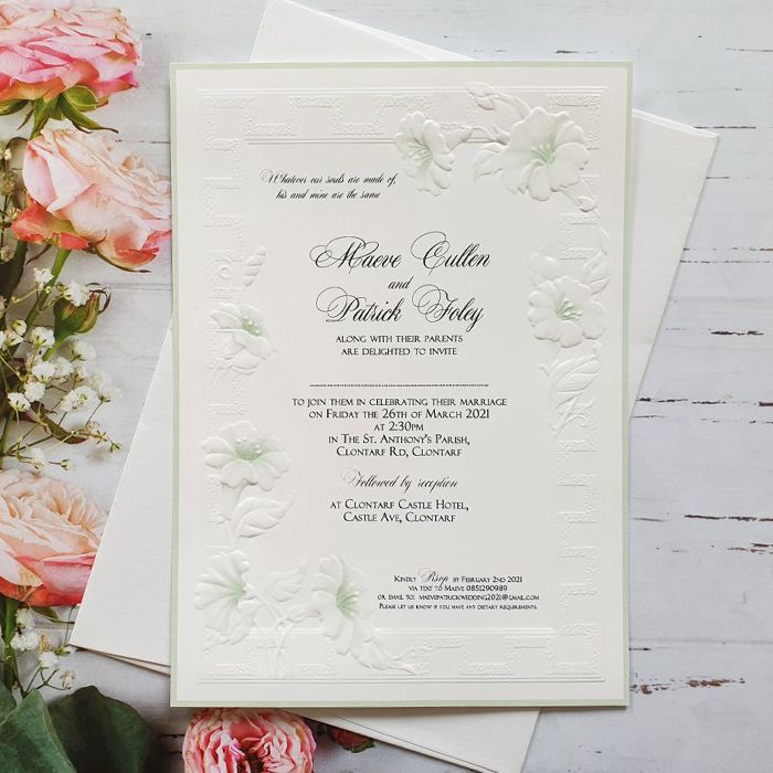 Embossed White and Green Wedding Invitations