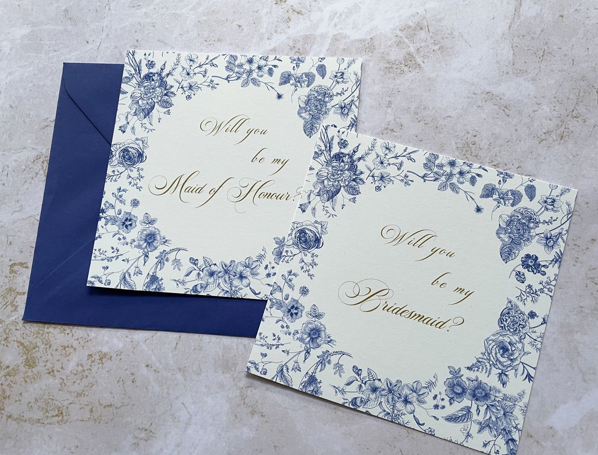 botanical blue wedding proposal cards