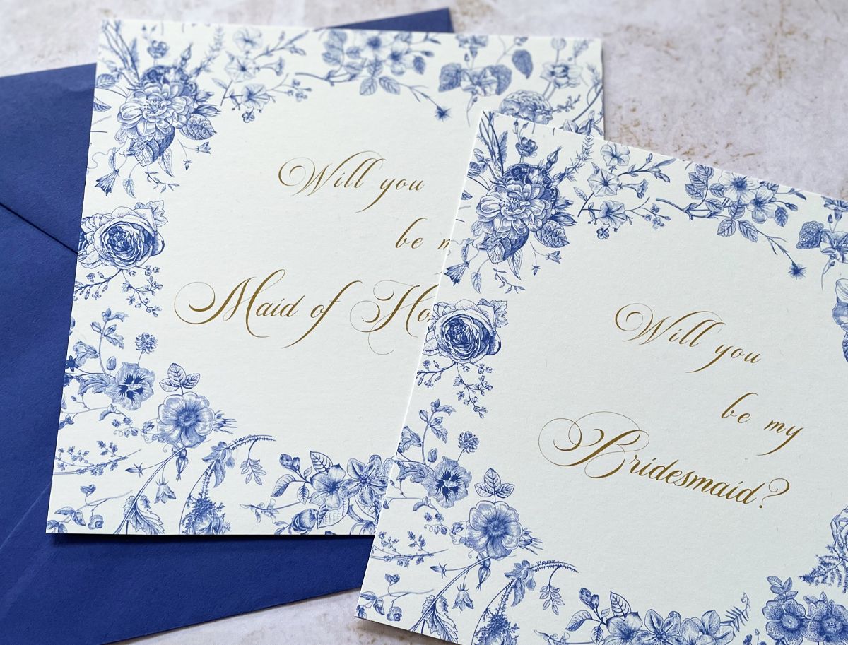 botanical blues wedding proposal cards