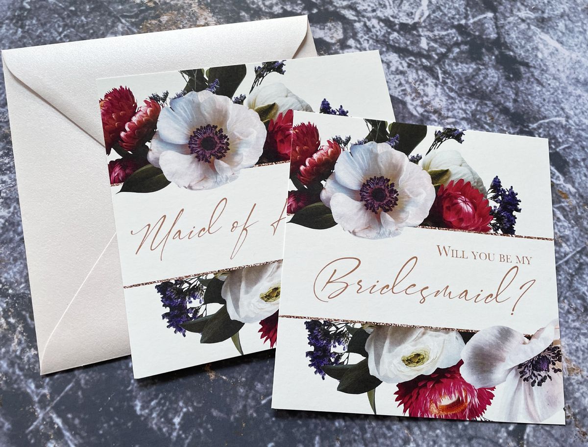 burgundy floral wedding proposal cards