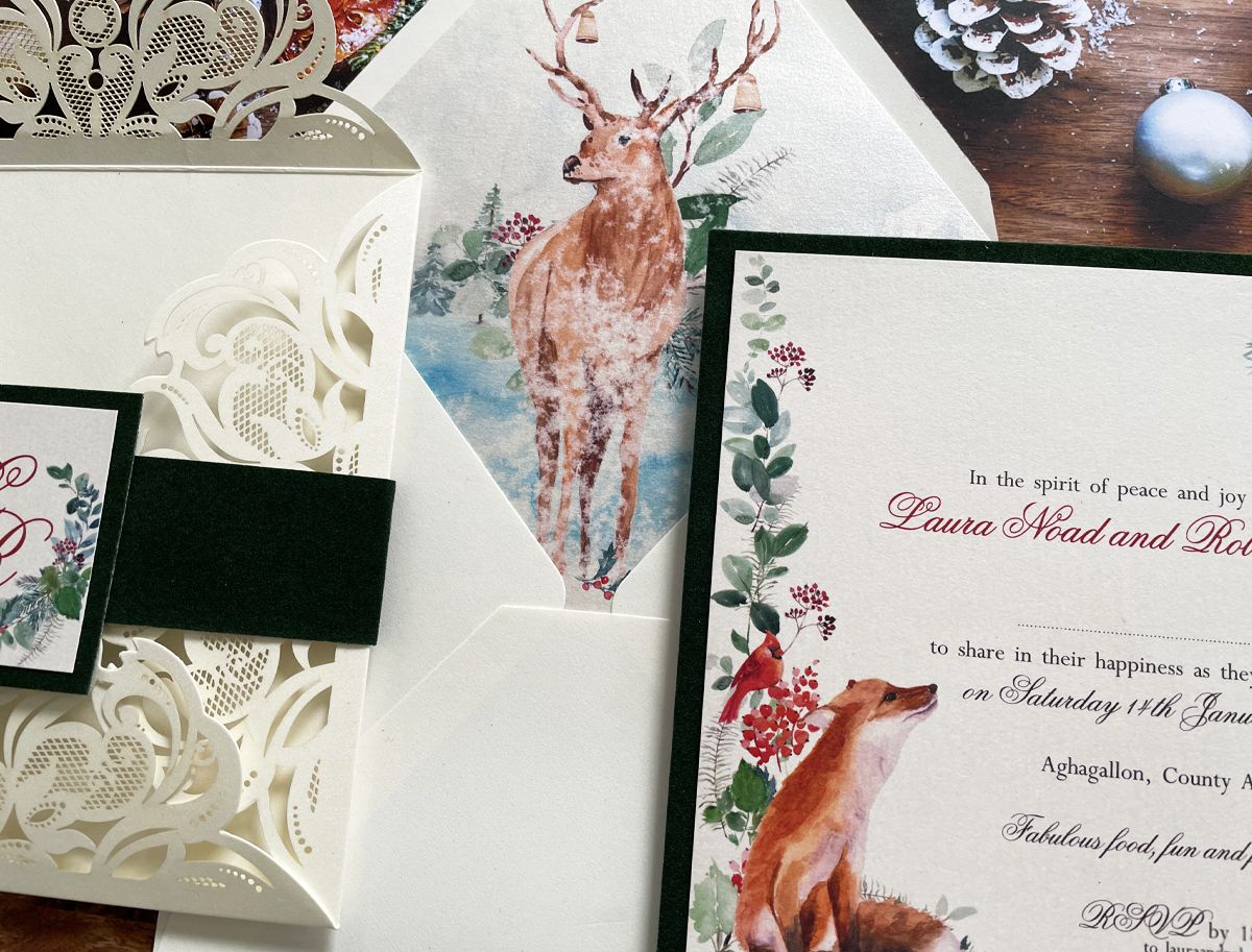 bohemian winter woodland wedding invitation