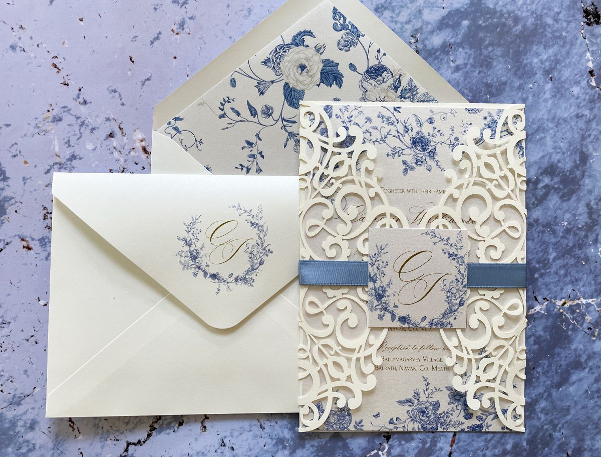 botanical blue white floral wedding invitation