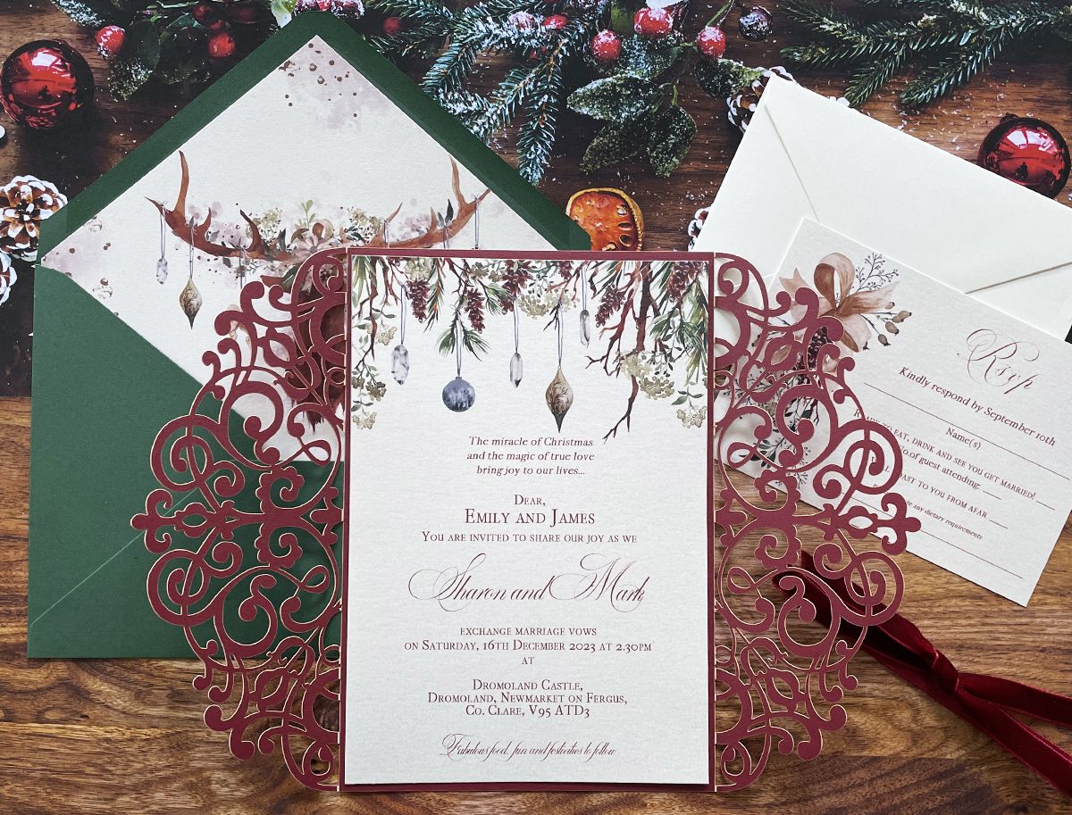 burgundy festive winter wedding invitation