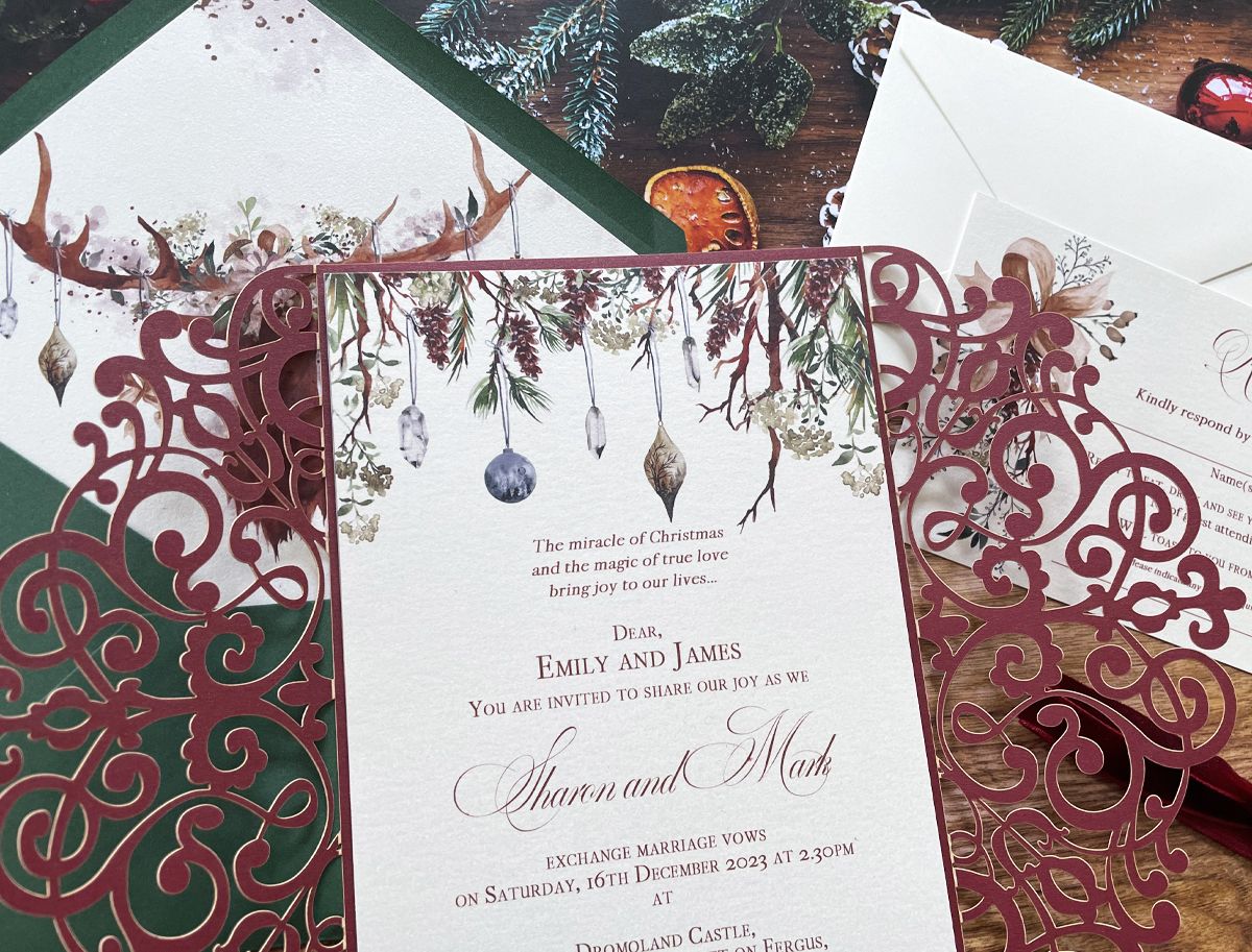 burgundy festive winter wedding invitation