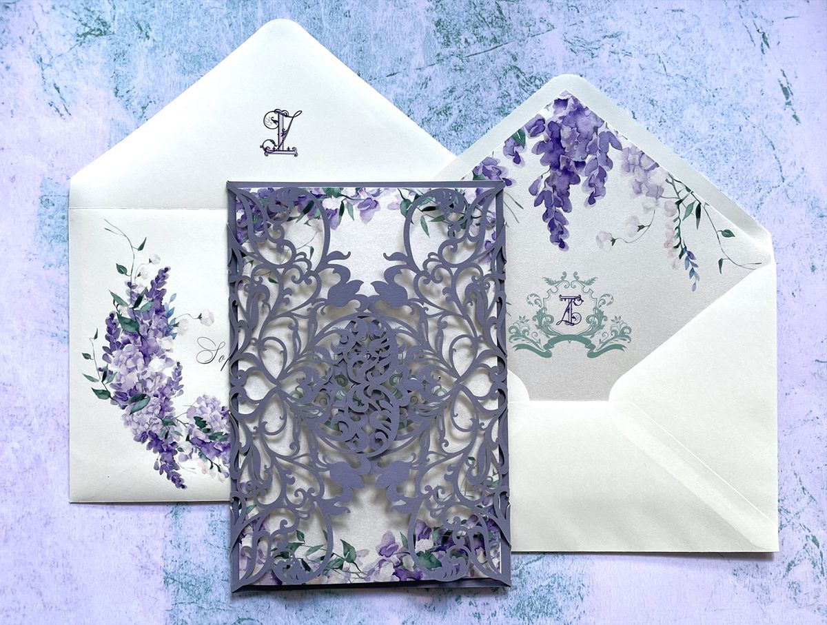 ornate wisteria blooms wedding invitation