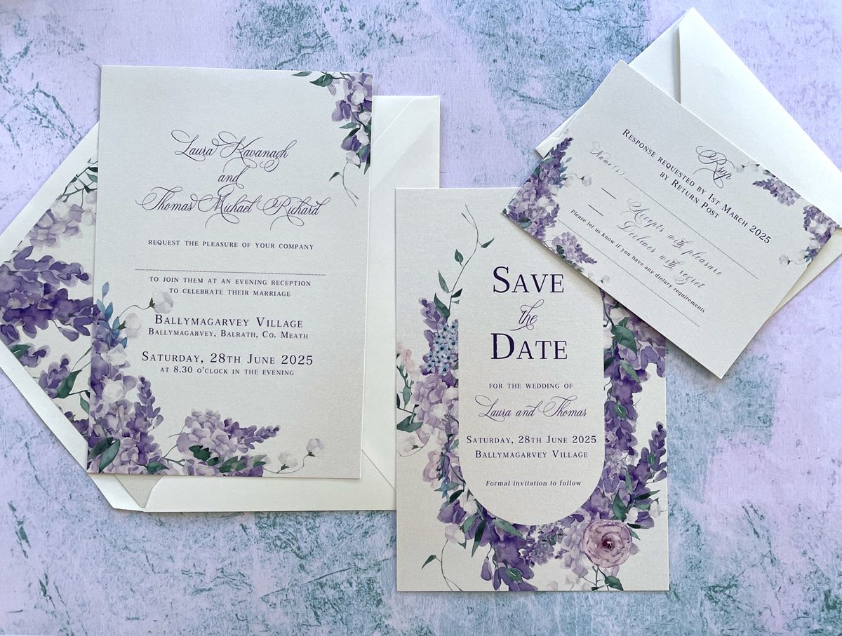 ornate wisteria blooms wedding invitation