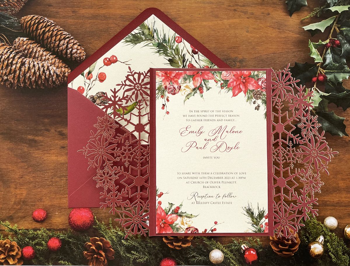 red winter rustic christmas wedding invitation