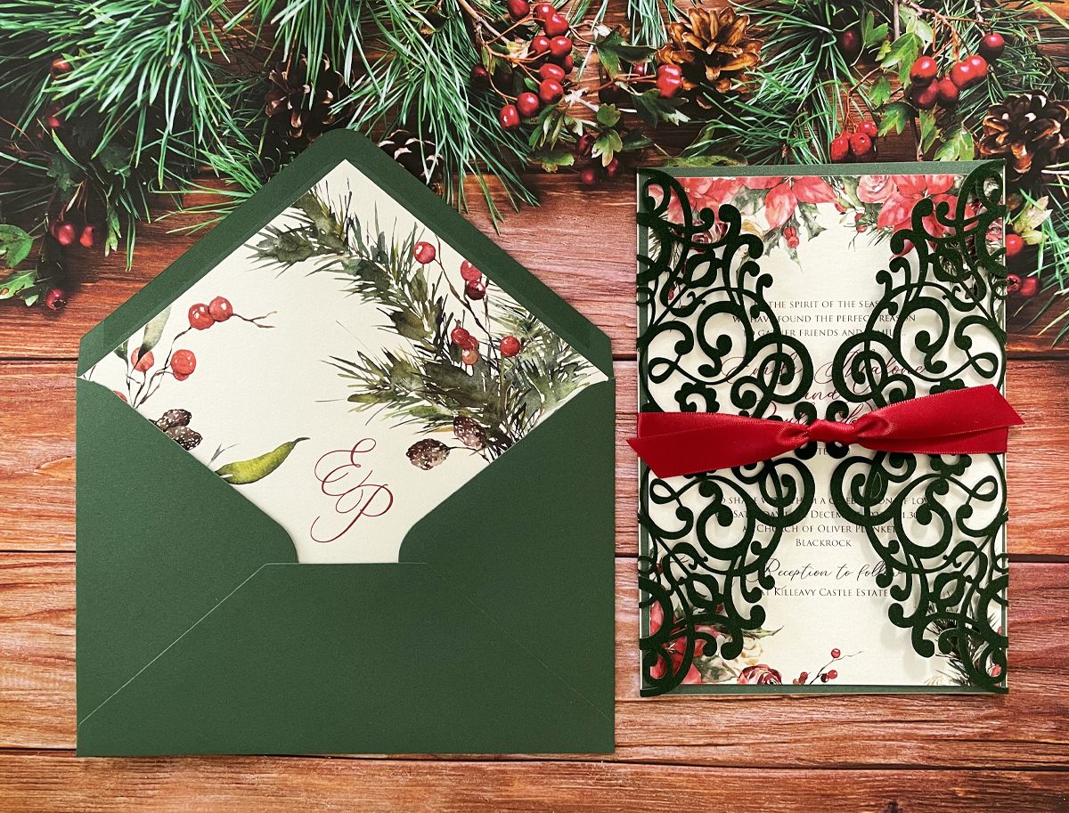 watercolor red holly berry christmas wedding invitation