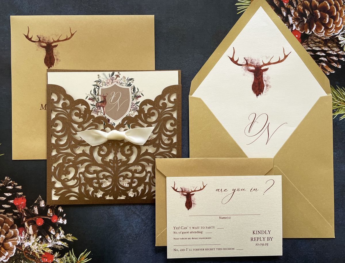winter woodland deer christmas wedding invitation