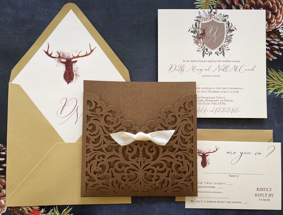 winter woodland deer christmas wedding invitation