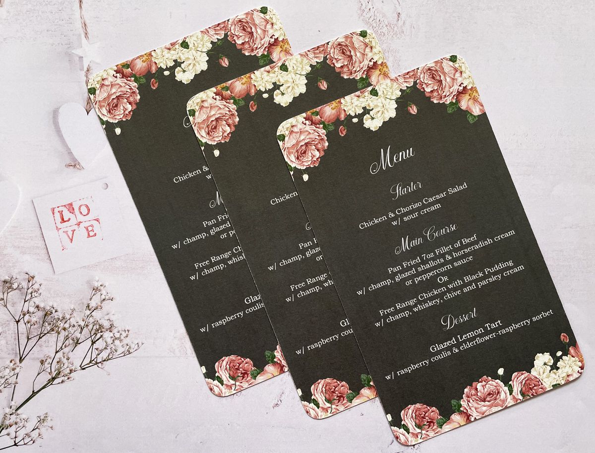 blush roses wedding menu