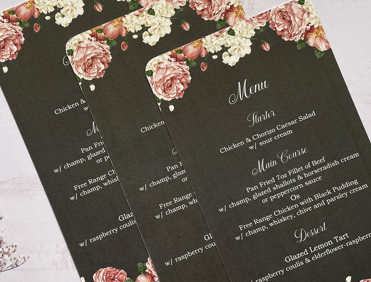 blush roses wedding menu