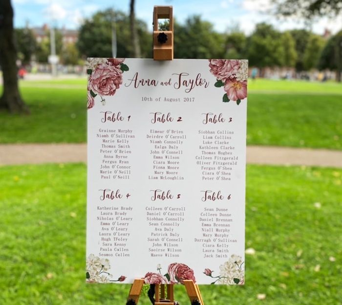 Wedding Seating Plan with red flowers
